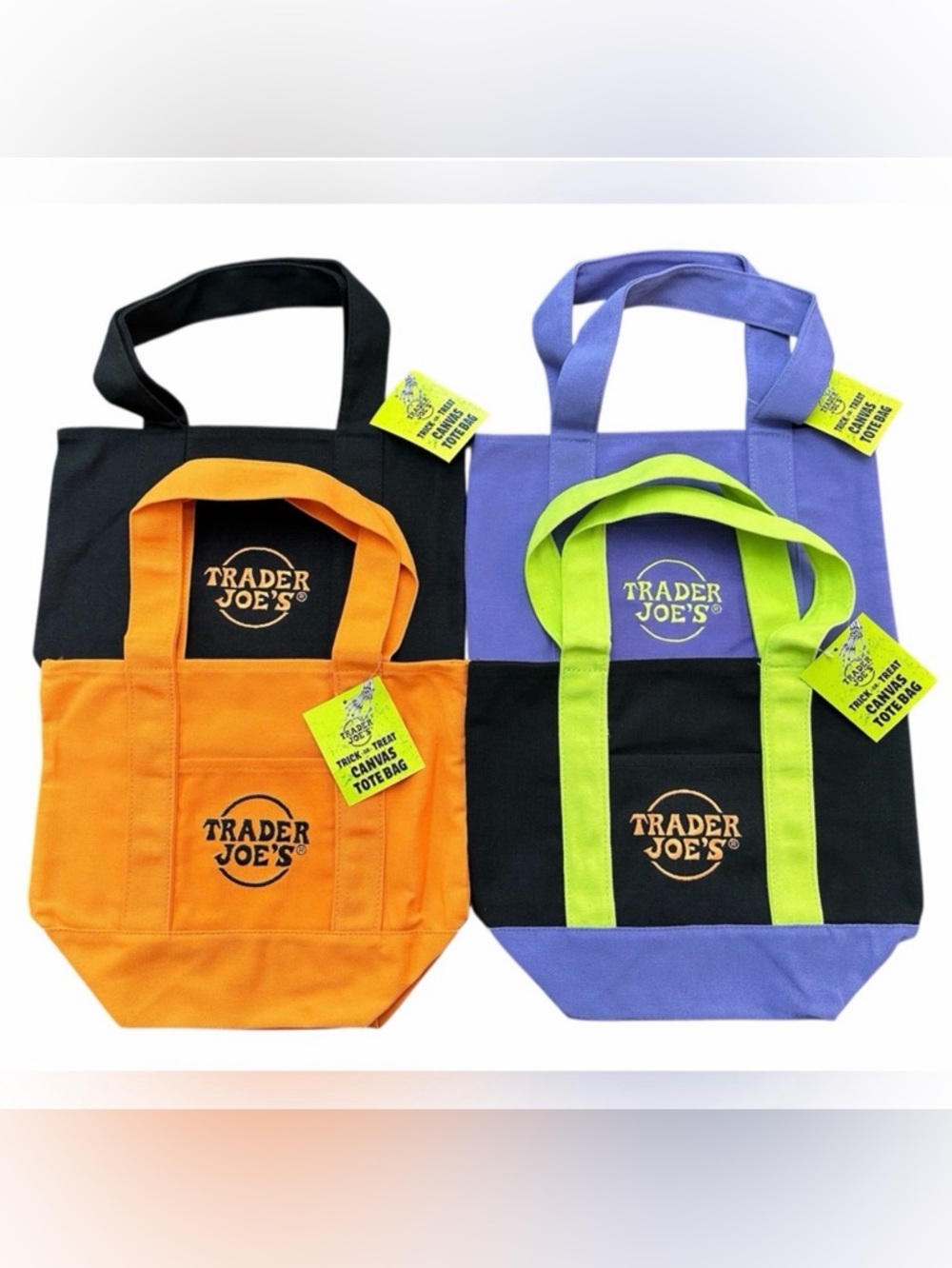 Trader Joe's Fall Mini Canvas Tote Bag Black Orange Purple Lot of 4 NWT